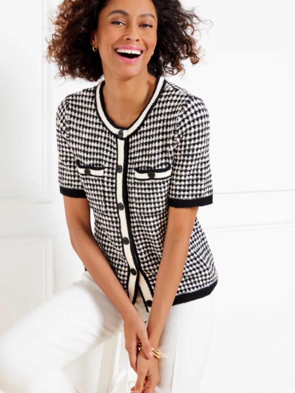 Talbots Short Sleeve Cardigan Check Jacquard Button Down Sweater